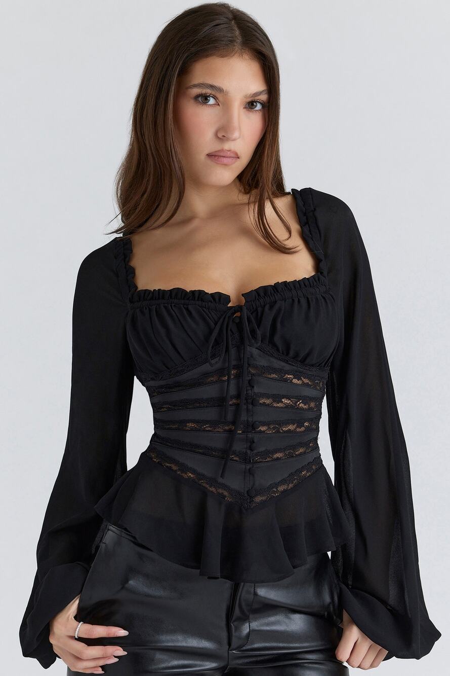 House of CB Cara Black Long Sleeve Georgette Peplum Top